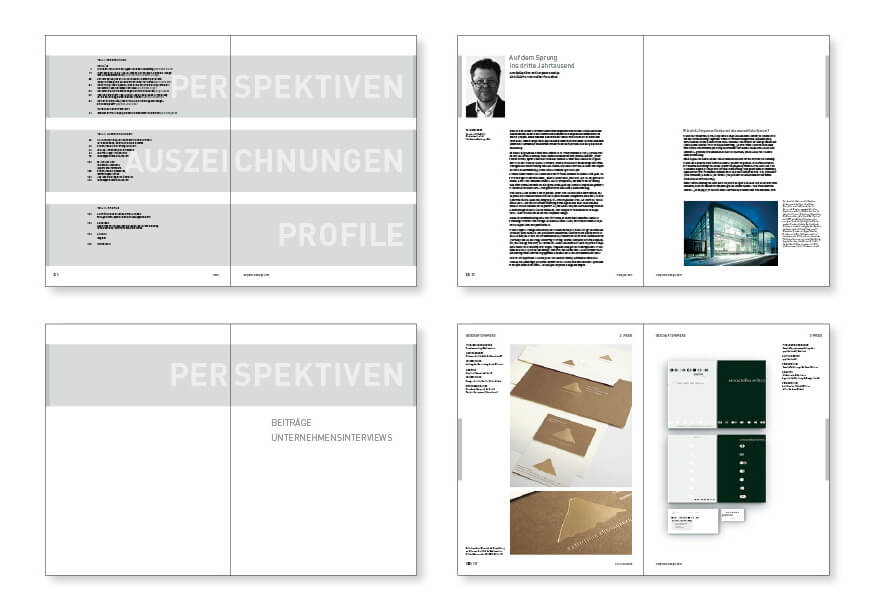Insgesamt vier Doppelseiten aus dem Designbuch Corporate Design-Preis, mit Aufmacherseiten, redaktionellen Beiträgen und Preisträgerarbeiten